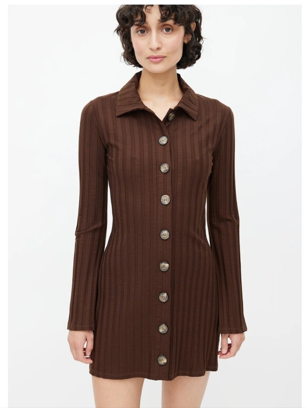 Reformation Chocolate Brown Ribbed Button-Front Mini Dress